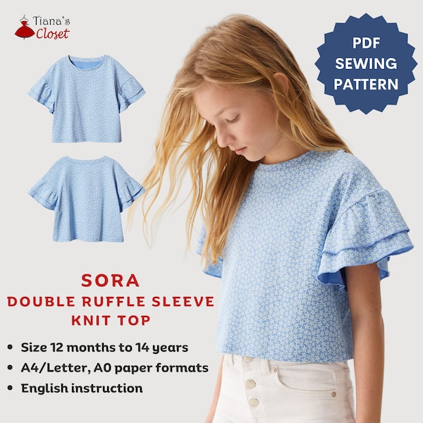 Sora Double Ruffle Sleeve Knit Top - PDF sewing pattern | Digital sewing pattern for girls | Sewing pattern for kids | Tiana's Closet