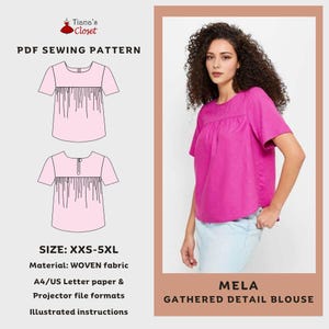 May include: A magenta gathered detail blouse, Mela, is modeled on a woman. The image also shows a PDF sewing pattern for the blouse, with illustrations and size options from XXS to 5XL. The pattern uses woven fabric and includes A4/US Letter paper and projector file formats.