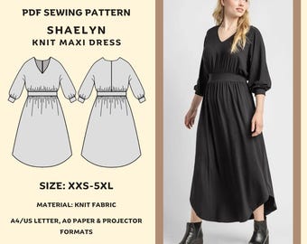 Shaelyn V Nekc Batwing Knit Maxi Dress Sewing Pattern: Instant Download PDF, A0 A4/US Letter & Projector File Formats, Sizes XXS to 5XL