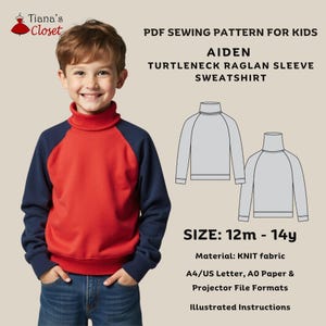 Patrón de costura en PDF para niños con sudadera raglán y cuello alto Aiden / Patrón de top de punto fácil para niños / Patrón para proyector de papel A4 Carta A0