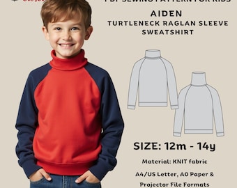 Aiden Turtleneck Raglan Sweatshirt Sewing Pattern: Kids Knit Top (PDF Pattern)