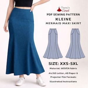 Könnte beinhalten: Ein blauer Denim-Maxirock im Meerjungfrauen-Stil wird gezeigt, mit Seitenansicht und Schnittmuster-Illustration. Der Rock hat eine taillierte Taille und weitet sich ab den Knien. Der Text "KLEINE MERMAID MAXI SKIRT" und "SIZE: XXS-5XL" ist enthalten.