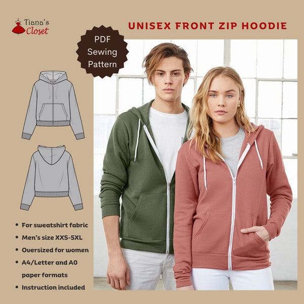 Unisex hoodie met ritssluiting aan de voorkant - PDF-naaipatroon | Digitaal naaipatroon voor mannen | Afdrukbaar naaipatroon voor dames| Uniseks naaipatroon