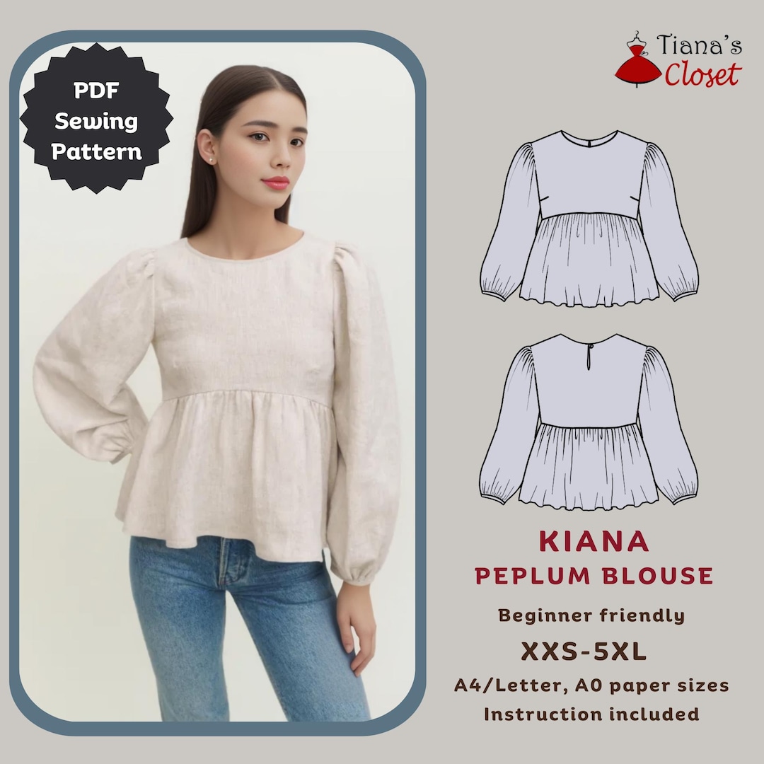 Kiana Peplum Blouse Digital Sewing Pattern for Women Printable PDF Pattern Tiana's Closet Simple Puffed Sleeve Top Sewing Pattern - Etsy kiana-peplum-blouse-digital-sewing-pattern-for-women-printable-pdf-pattern-tiana-s-closet-simple-puffed-sleeve-top-sewing-pattern-etsy