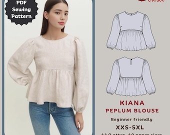 Pode incluir: Um padrão de costura digital para uma blusa peplum Kiana. O padrão é fácil de usar e inclui tamanhos XXS-5XL. O padrão está disponível em tamanhos de papel A4/Letter e A0. O padrão inclui instruções.