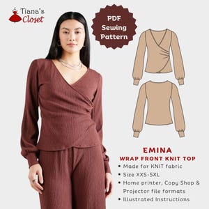 Emina Knit Top PDF Sewing Pattern: Wrap Front Detail, Simple Project, Size XXS to 5XL, Print At Home / Copy Shop / Projector File