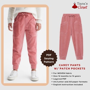 Peut inclure: Patron de couture PDF pour pantalon Carey avec poches plaquées. Le patron est pour tissu tissé et comprend des tailles pour 12 mois à 14 ans. Le patron est superposé et est disponible en formats papier A4/Letter et A0. Instructions en anglais incluses.