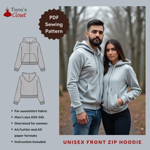 Unisex front zip hoodie - PDF sewing pattern | Digital sewing pattern for men | Printable sewing pattern for women| Unisex sewing pattern