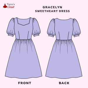 May include: A lilac sweetheart dress with short puffed sleeves and a gathered skirt. The dress is shown in both front and back views. The text "Gracelyn Sweetheart Dress" is at the top of the image.