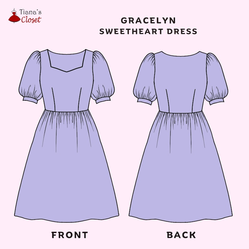 May include: A lilac sweetheart dress with short puffed sleeves and a gathered skirt. The dress is shown in both front and back views. The text "Gracelyn Sweetheart Dress" is at the top of the image.