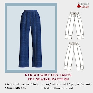 Neriah broek met elastische taille en wijde pijpen - PDF-naaipatroon | Eenvoudig naaipatroon voor dames | Bedrukbaar naaipatroon voor dames