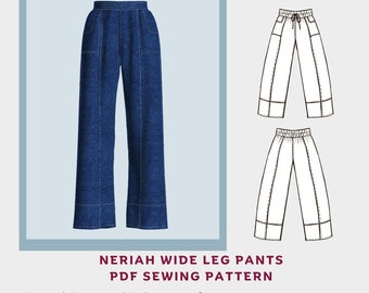 Neriah Wide Leg Pants Sewing Pattern: Elastic Waist, Front Pockets, Sizes XXS-5XL, Instant Download, Layered PDF Pattern