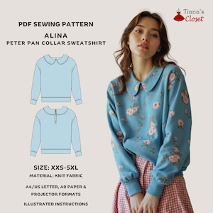 Może przedstawiać: Wzór szycia PDF na bluzę z kołnierzykiem typu Peter Pan o nazwie "Alina". Wzór zawiera ilustrowane instrukcje i jest dostępny w rozmiarach XXS-5XL. Wzór jest przeznaczony do dzianiny i można go drukować na papierze A4/US Letter, A0 lub w formacie do projektora.