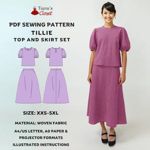 May include: PDF sewing pattern for a top and skirt set called "Tillie". The pattern includes instructions and is available in sizes XXS-5XL. The pattern is for woven fabric and can be printed on A4/UK Letter, A0 paper, or projector formats.