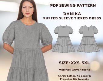 Vestido com mangas bufantes e camadas Danika: modelagem solta, tamanho XXS-5XL (download instantâneo do molde em PDF)