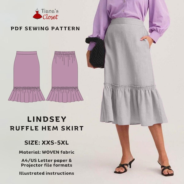 Lindsey Midi Skirt Sewing Pattern: Ruffle Hem, Half Elastic Waist (PDF Pattern)