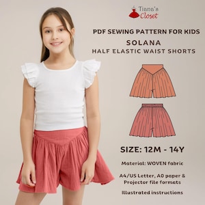 Può includere: Modello di cucito PDF per pantaloncini Solana con elastico a metà vita per bambini, taglie 12M-14Y. Il modello include istruzioni illustrate ed è disponibile nei formati A4/US Letter, A0 e proiettore. Il modello è adatto per tessuti tessuti.