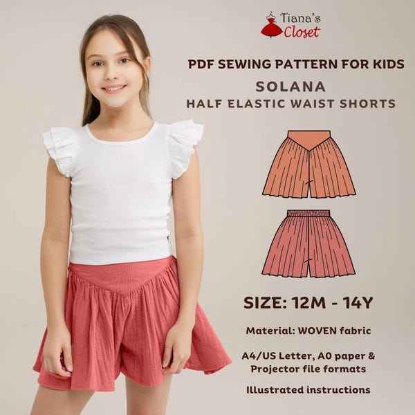 Solana Shorts Sewing Pattern for Kids: Elastic Waist (PDF Pattern)