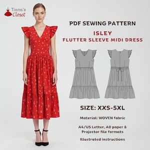 Op de afbeelding: Een PDF-naaipatroon voor een midi-jurk met fladderende mouwen. Het patroon heet "Isley" en is verkrijgbaar in de maten XXS-5XL. Het patroon is geschikt voor geweven stof en bevat instructies voor het naaien van de jurk. Het patroon is verkrijgbaar in de formaten A4/US Letter, A0 en projector.