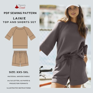 Conjunto de chándal corto Lainie - Patrón de costura en PDF / Top y pantalones cortos sencillos / Apto para principiantes / Tallas XXS-5XL / Patrón para proyector A0 A4/Carta