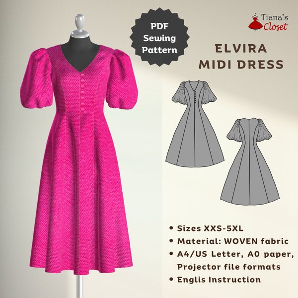 Elvira puffed sleeve princess seam midi dress - PDF sewing pattern | Digital printable sewing pattern for women | Elegant dress pattern