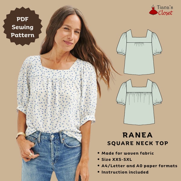 Top de manga abullonada con cuello cuadrado Ranea / Patrón de costura digital para principiantes para mujeres / Patrón de costura PDF imprimible / Tiana's Closet