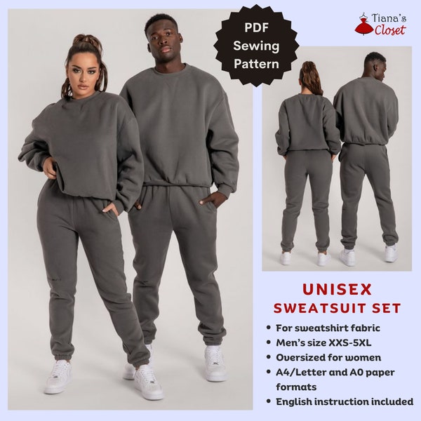 Basic unisex sweatsuit set - PDF sewing pattern | Digital sewing pattern for men/women | Simple tracksuit sewing pattern | Tiana's Closet