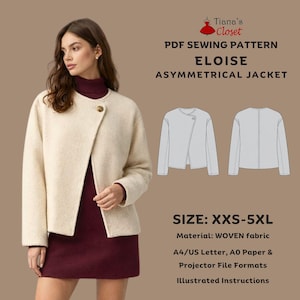 Patron de couture PDF de la veste asymétrique Eloise : coupe droite, boutonnage sur le devant, taille XXS-5XL, téléchargement immédiat