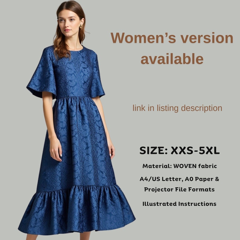 May include: A blue dress with a floral pattern and a ruffled hem. The dress is available in sizes XXS-5XL. The image includes the text "Women's version available" and "SIZE: XXS-5XL".