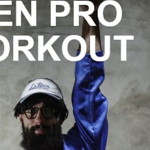 May include: A man wearing a blue jumpsuit and a white baseball cap with the text "La Brea" is hanging from a pull-up bar. The text "MEN PRO WORKOUT" is displayed above the bar. A yellow button with the text "JOIN" is in the lower right corner of the image.