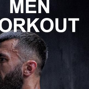 Pode incluir: Um homem com barba e uma camiseta preta sem mangas está olhando para o lado. O texto "MEN WORKOUT" está no topo da imagem. Um botão amarelo com a palavra "JOIN" está na parte inferior da imagem.