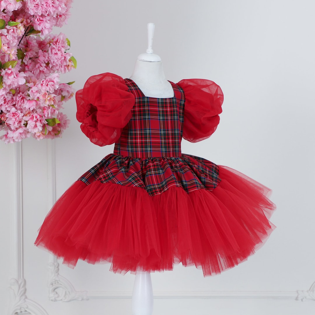 Baby Girl Plaid Christmas Dress, Red Tulle Toddler Plaid Red Dress
