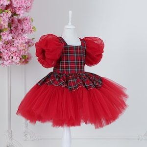Baby Girl Plaid Christmas Dress, Red Tulle Toddler Plaid Red Dress, Christmas Dress for Baby Girl, Baby Christmas Dress