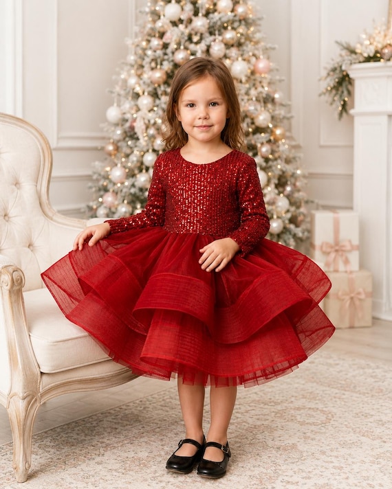 christmas dress glitter Red Party Tulle Dress, Sequin Velvet Baby Dress: (sizes 0-14 Years) model-chloe