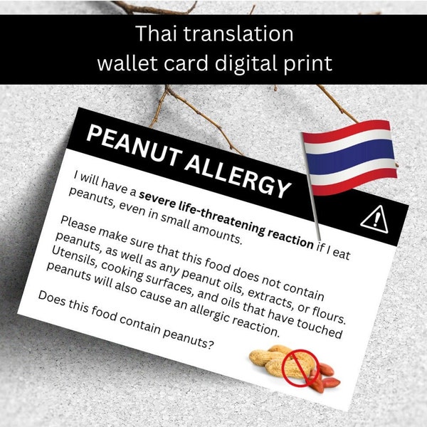 Carte de sensibilisation aux allergies aux arachides avec traduction en thaï (téléchargement numérique) pour les aliments contre l'anaphylaxie en voyage