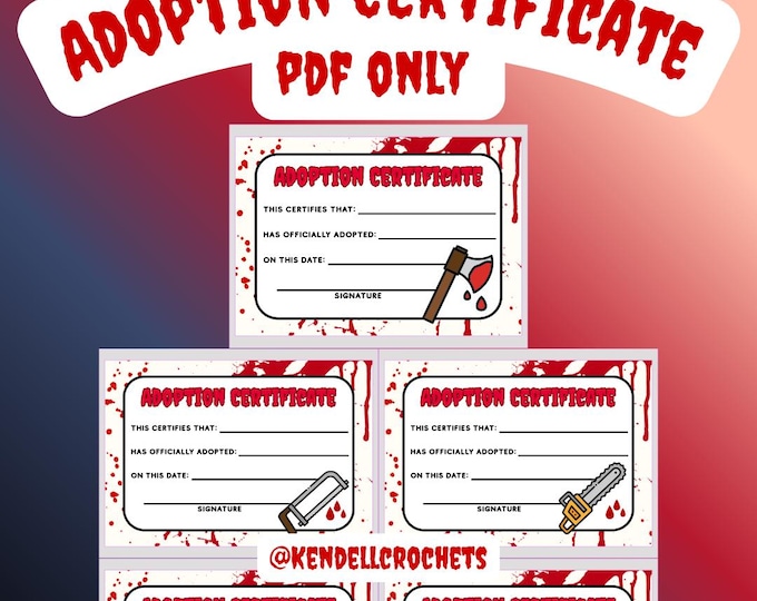 Halloween/Horror Plushie/Amigurumi/Toy Adoption Certificate Printable - Digital PDF ONLY