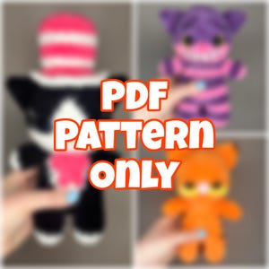May include: Image of four colorful crochet plush toys. One is black and white with a red and white striped hat, another is purple with pink stripes, and the last is orange. The text "PDF PATTERN ONLY" is overlaid on the image.
