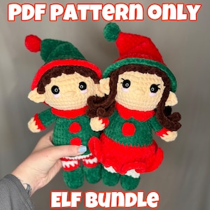 May include: PDF pattern for crocheting two elf dolls. The elves are dressed in green and red with white accents. The dolls have brown hair and are holding hands.