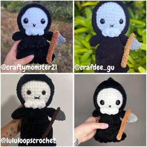 May include: A handmade crochet doll of the Grim Reaper, featuring a white skull face with black eyes and a small black cross for a mouth. The doll wears a black hooded robe and holds a small scythe with a gray blade and brown handle. The doll is approximately 6 inches tall.