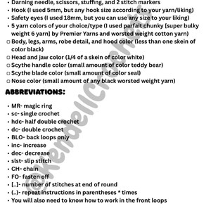 May include: A list of materials and abbreviations for a crochet project. The materials include a darning needle, scissors, stuffing, stitch markers, a hook, safety eyes, and yarn in various colors. Abbreviations like MR, sc, hdc, dc, BLO, inc, dec, slst, CH, and FO are also listed.