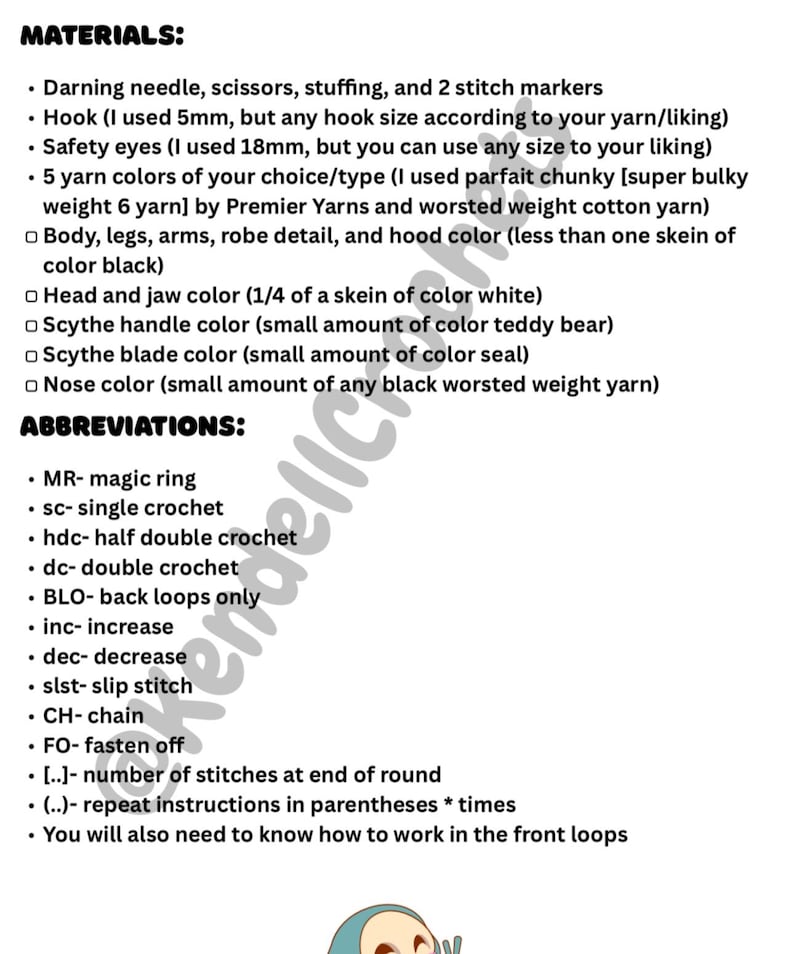 May include: A list of materials and abbreviations for a crochet project. The materials include a darning needle, scissors, stuffing, stitch markers, a hook, safety eyes, and yarn in various colors. Abbreviations like MR, sc, hdc, dc, BLO, inc, dec, slst, CH, and FO are also listed.