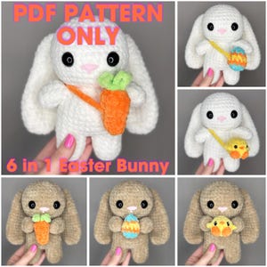 May include: PDF pattern for crocheting a 6 in 1 Easter bunny amigurumi. The pattern includes instructions for making a white bunny with a carrot, a white bunny with an Easter egg, a white bunny with a chick, a brown bunny with a carrot, a brown bunny with an Easter egg, and a brown bunny with a chick.