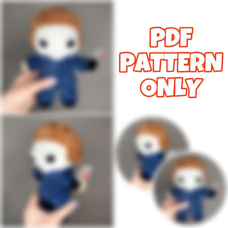 K&ouml;nnte beinhalten: Mehrere Bilder einer handgefertigten Pl&uuml;schpuppe, die einer Figur in einem blauen Overall und einer wei&szlig;en Maske mit orangefarbenem Haar &auml;hnelt. Der Text "PDF PATTERN ONLY" ist im Bild zu sehen.