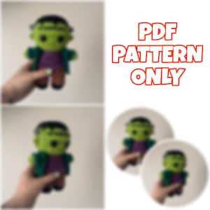 May include: A digital PDF pattern for a small, green-skinned plush doll with black hair, a purple shirt, a dark green jacket, and brown pants. The text PDF PATTERN ONLY is displayed in large orange letters on the right side of the image.