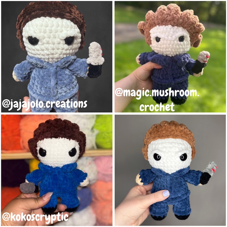 K&ouml;nnte beinhalten: Vier geh&auml;kelte Puppen einer Figur mit wei&szlig;er Maske, braunen Haaren und einem blauen Overall, die ein kleines Messer h&auml;lt. Die Puppen sind handgefertigt und haben schwarze Augen. Die Texte "@jajajolo.creations", "@magic.mushroom.crochet" und "@kokoscryptic" sind sichtbar.