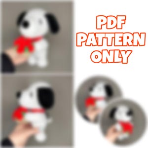May include: A white plush dog with black ears and a red scarf. The image includes the text "PDF PATTERN ONLY". The dog is held in a hand. There are two additional blurred images of the dog in the background.