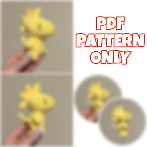 May include: A yellow plush toy in the shape of a bird, with a spiky head and small wings. The text "PDF PATTERN ONLY" is displayed in orange. The image shows the toy in multiple views, including a circular presentation.