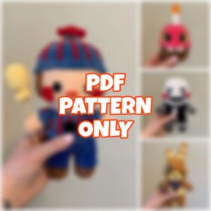 May include: A collection of plush toys, including a blue and red character holding a yellow balloon, and three other characters. The image has the text "PDF PATTERN ONLY" in large orange letters.
