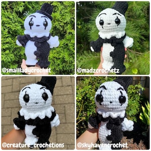 May include: Four crocheted plush toys of a black and white clown with a black top hat. The toys are held by different people's hands. The toys are all the same design but have slight variations in the crocheting style.