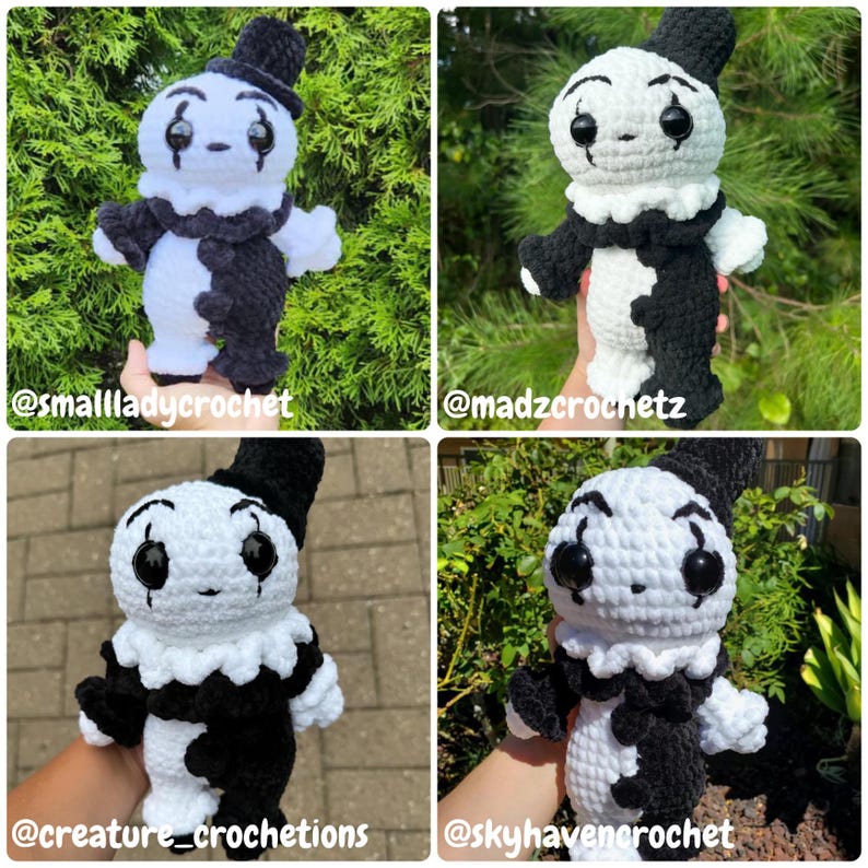 May include: Four crocheted plush toys of a black and white clown with a black top hat. The toys are held by different people's hands. The toys are all the same design but have slight variations in the crocheting style.